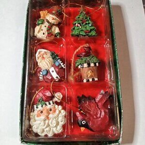 Vintage 1990s Small Resin Christmas Ornaments Set of 6 Santa, Snowman, More